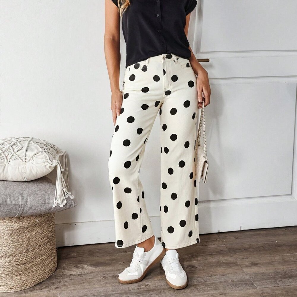 Khaki Casual Women's Color-Block Polka Dot Print Straight Leg Jeans